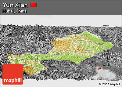Physical Panoramic Map of Yun Xian, darken, desaturated
