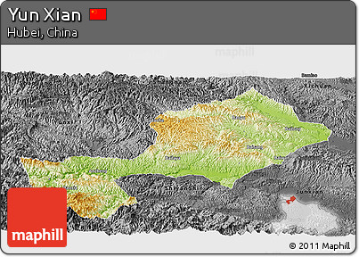 Physical Panoramic Map of Yun Xian, darken, desaturated