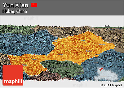 Political Panoramic Map of Yun Xian, darken, semi-desaturated