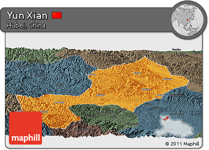 Political Panoramic Map of Yun Xian, darken, semi-desaturated