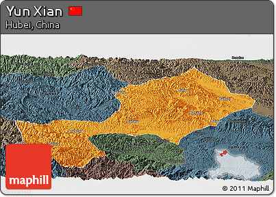 Political Panoramic Map of Yun Xian, darken, semi-desaturated