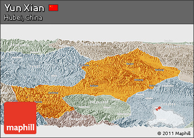 Political Panoramic Map of Yun Xian, lighten, semi-desaturated