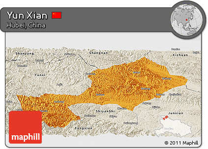 Political Panoramic Map of Yun Xian, shaded relief outside
