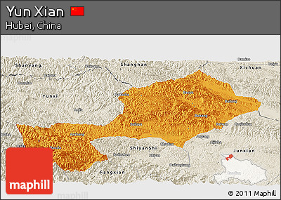 Political Panoramic Map of Yun Xian, shaded relief outside