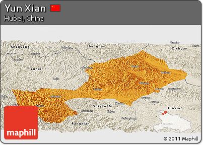 Political Panoramic Map of Yun Xian, shaded relief outside