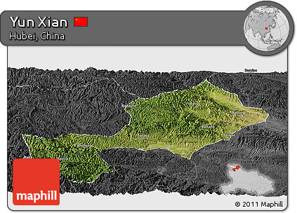 Satellite Panoramic Map of Yun Xian, darken, desaturated
