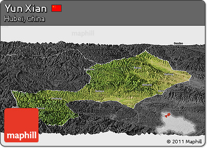Satellite Panoramic Map of Yun Xian, darken, desaturated