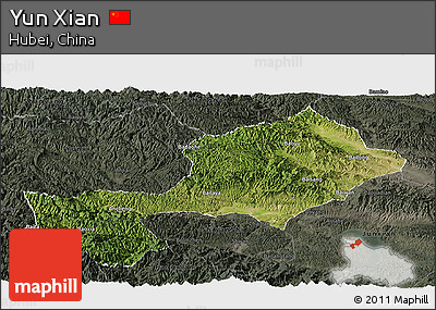 Satellite Panoramic Map of Yun Xian, darken, semi-desaturated
