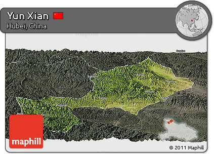 Satellite Panoramic Map of Yun Xian, darken, semi-desaturated
