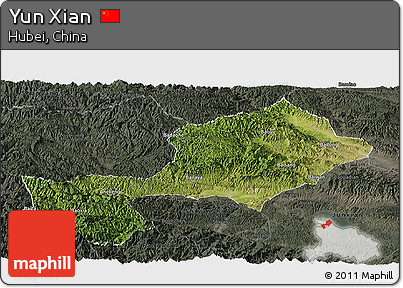 Satellite Panoramic Map of Yun Xian, darken, semi-desaturated