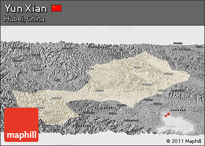 Shaded Relief Panoramic Map of Yun Xian, darken, desaturated