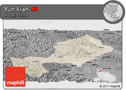 Shaded Relief Panoramic Map of Yun Xian, darken, desaturated