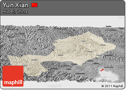 Shaded Relief Panoramic Map of Yun Xian, darken, desaturated