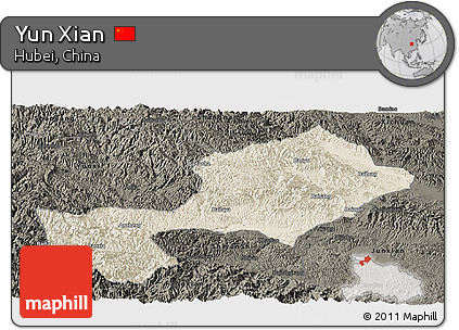 Shaded Relief Panoramic Map of Yun Xian, darken
