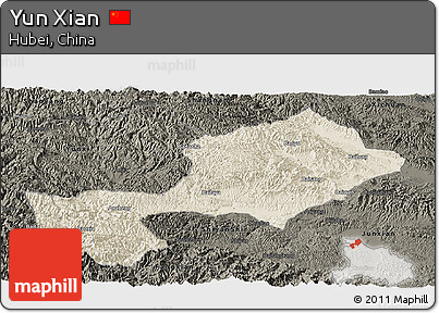 Shaded Relief Panoramic Map of Yun Xian, darken