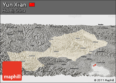 Shaded Relief Panoramic Map of Yun Xian, darken, semi-desaturated