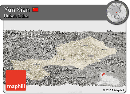 Shaded Relief Panoramic Map of Yun Xian, darken, semi-desaturated