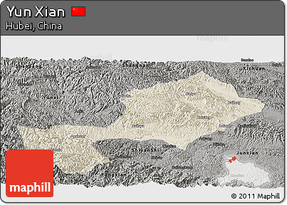 Shaded Relief Panoramic Map of Yun Xian, darken, semi-desaturated