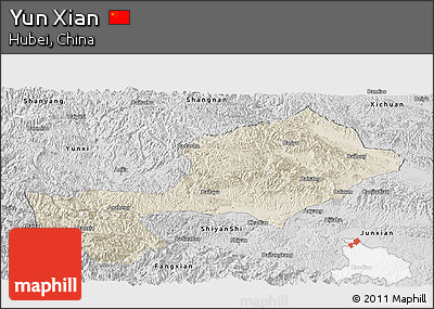 Shaded Relief Panoramic Map of Yun Xian, desaturated