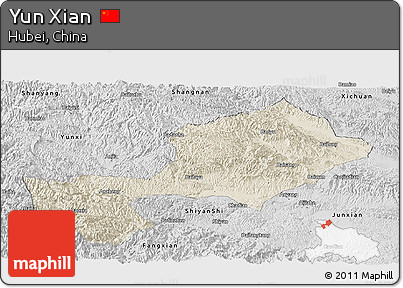 Shaded Relief Panoramic Map of Yun Xian, desaturated