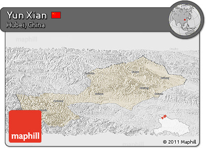 Shaded Relief Panoramic Map of Yun Xian, lighten, desaturated