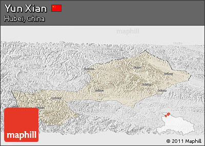 Shaded Relief Panoramic Map of Yun Xian, lighten, desaturated