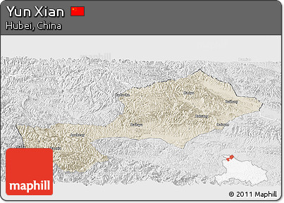 Shaded Relief Panoramic Map of Yun Xian, lighten, desaturated