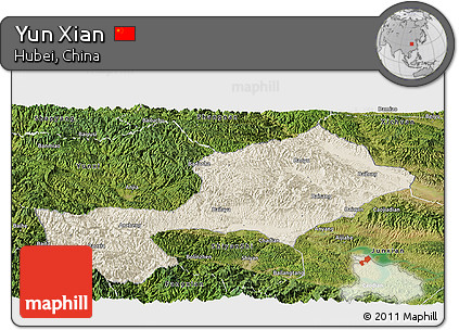 Shaded Relief Panoramic Map of Yun Xian, satellite outside