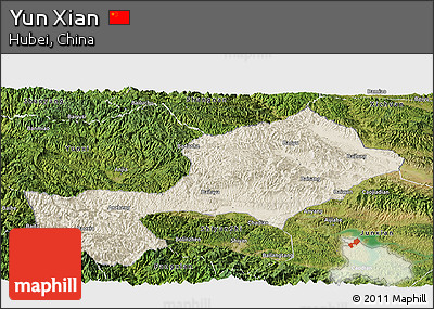 Shaded Relief Panoramic Map of Yun Xian, satellite outside