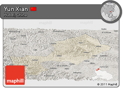 Shaded Relief Panoramic Map of Yun Xian, semi-desaturated
