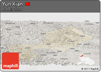 Shaded Relief Panoramic Map of Yun Xian, semi-desaturated