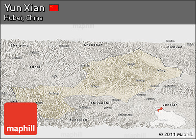 Shaded Relief Panoramic Map of Yun Xian, semi-desaturated
