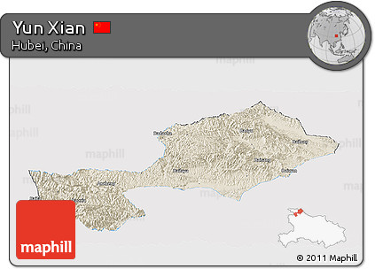 Shaded Relief Panoramic Map of Yun Xian, single color outside