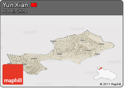 Shaded Relief Panoramic Map of Yun Xian, single color outside
