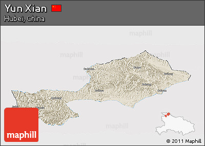 Shaded Relief Panoramic Map of Yun Xian, single color outside