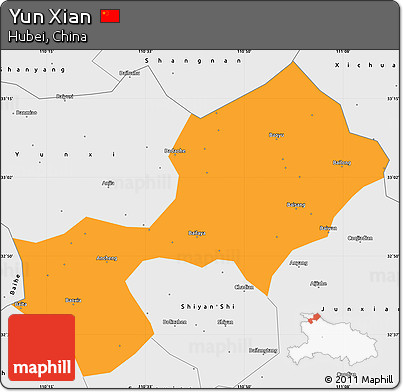 Political Simple Map of Yun Xian, single color outside, borders and labels