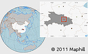 Gray Location Map of Yunmeng, highlighted country, highlighted parent region, hill shading