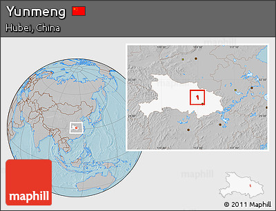 Gray Location Map of Yunmeng, highlighted parent region, hill shading