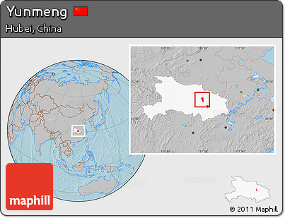 Gray Location Map of Yunmeng, highlighted parent region, hill shading