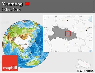 Physical Location Map of Yunmeng, highlighted country, highlighted parent region