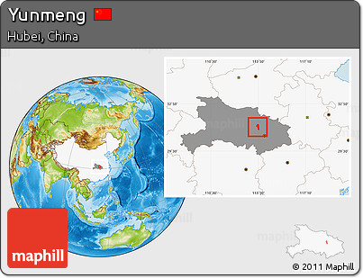 Physical Location Map of Yunmeng, highlighted country, highlighted parent region