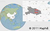 Savanna Style Location Map of Yunmeng, highlighted country, highlighted parent region, hill shading