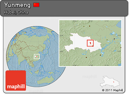 Savanna Style Location Map of Yunmeng, highlighted parent region, hill shading