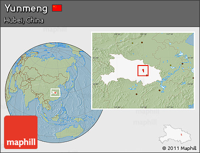 Savanna Style Location Map of Yunmeng, highlighted parent region, hill shading