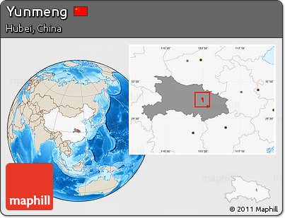 Shaded Relief Location Map of Yunmeng, highlighted country, highlighted parent region