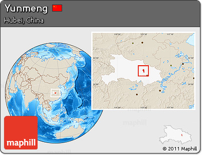 Shaded Relief Location Map of Yunmeng, highlighted parent region