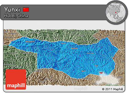 Political 3D Map of Yunxi, semi-desaturated