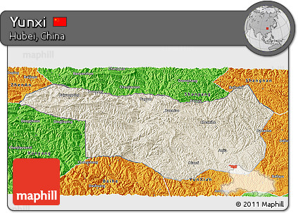 Shaded Relief 3D Map of Yunxi, political outside