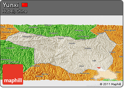 Shaded Relief 3D Map of Yunxi, political outside