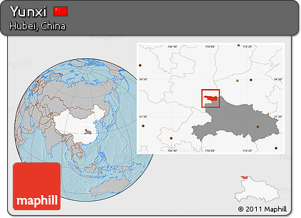 Gray Location Map of Yunxi, highlighted country, highlighted parent region, hill shading